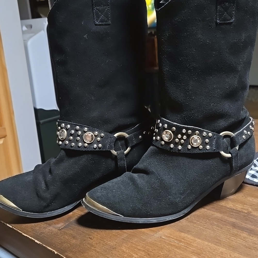 Diane Gilman Suede Embellished Harness Boots Suede Black Gold Tone Toe Cap Moto - Picture 5 of 9